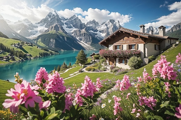 Foto ilustración de un hermoso paisaje de los alpes