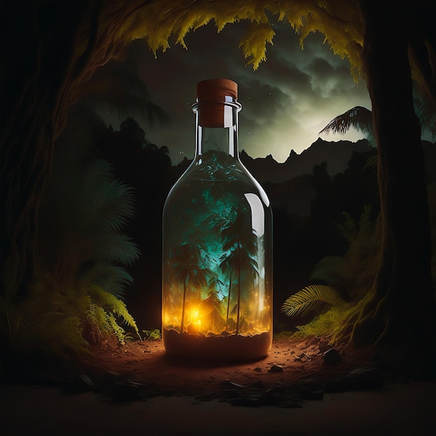 ilustración de un hermoso paisaje colorido dentro de una botella generada por Ai