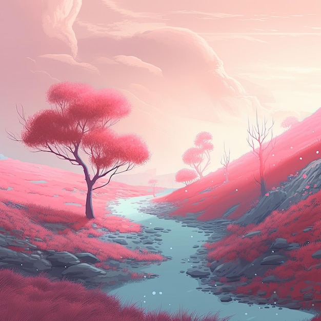 Ilustración de un hermoso paisaje de fantasía con un río y un árbol