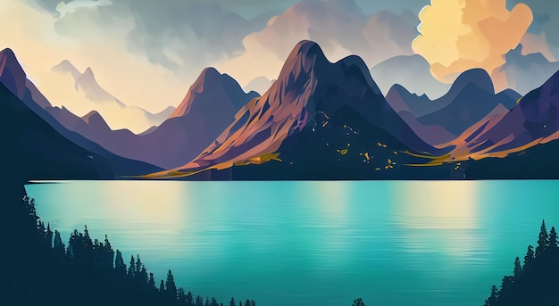 Ilustración de un hermoso paisaje con grandes montañas