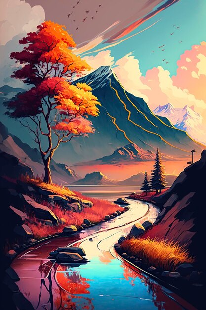 Ilustración hermoso paisaje lleno de color ai generativo