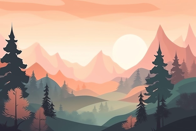 ilustración de hermoso paisaje de montaña con niebla y bosque amanecer y atardecer