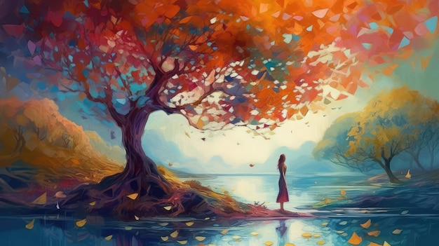 Ilustración de un hermoso paisaje otoñal con una chica en un vestido