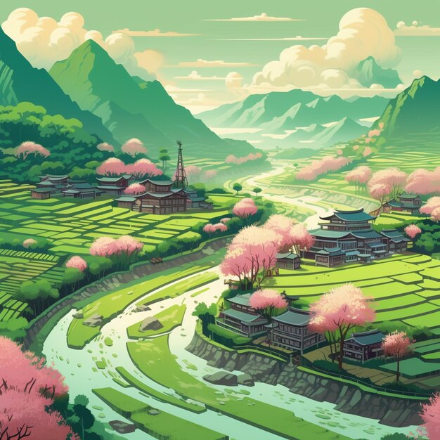 Foto ilustración de un hermoso paisaje con un río y un pueblo generativo ai