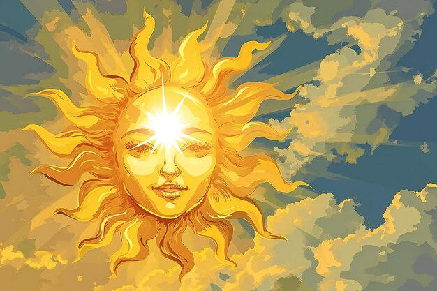 Ilustración de un hermoso sol con rayos y nubes en el fondo