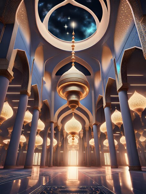Ilustración de hermosos arcos interiores, pilares de una mezquita islámica llena de estrellas, arquitectura islámica nostálgica, festival islámico.