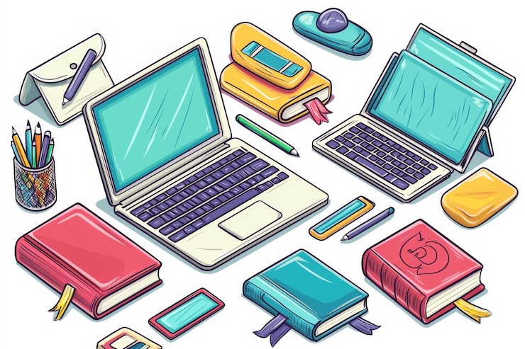 Foto ilustración de herramientas educativas de aprendizaje establecidas en una mesa creadas con ia generativa