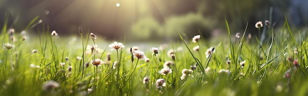 Ilustración de hierba verde joven y jugosa con diente de león blanco Macro bokeh luz solar AI