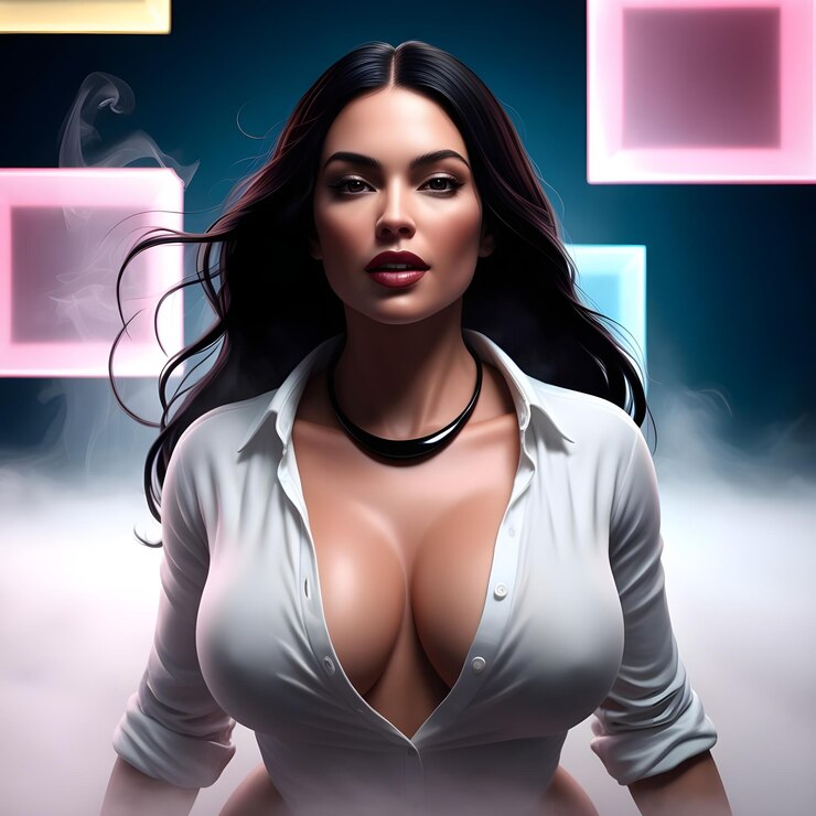Una ilustración hiper realista de una mujer seductora con infinitos cuadrados de colores translúcidos transparentes
