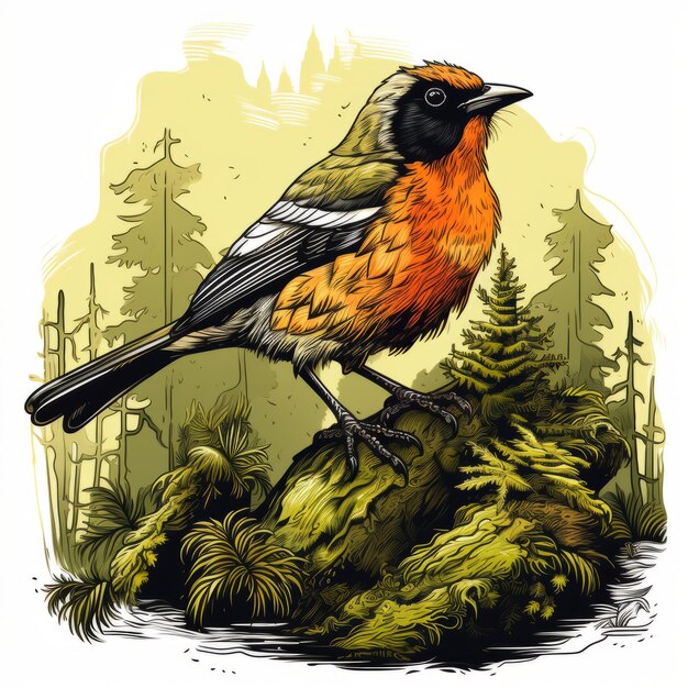 Ilustración hiperdetallada de un pájaro naranja en una roca del bosque