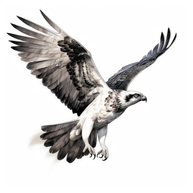 Ilustración hiperrealista de águila pescadora volando en tonos de gris