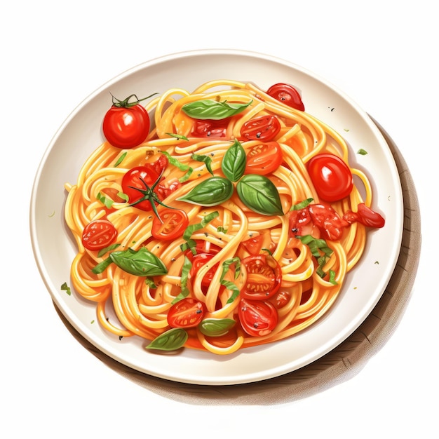 Ilustración hiperrealista al óleo de pasta Capellini con tomates