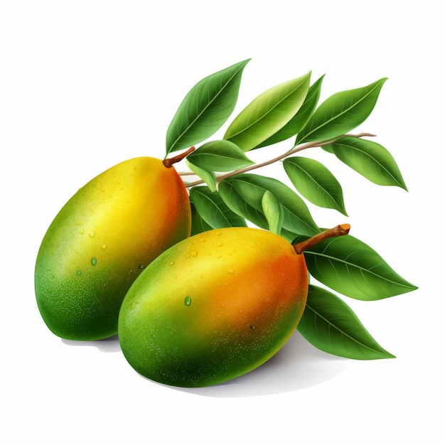 Ilustración hiperrealista de mangos coloridos con hojas sobre fondo blanco.