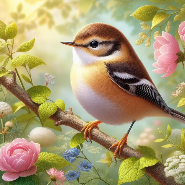 Foto una ilustración hiperrealista de un pequeño pájaro sentado en una rama en una hermosa escena natural 01