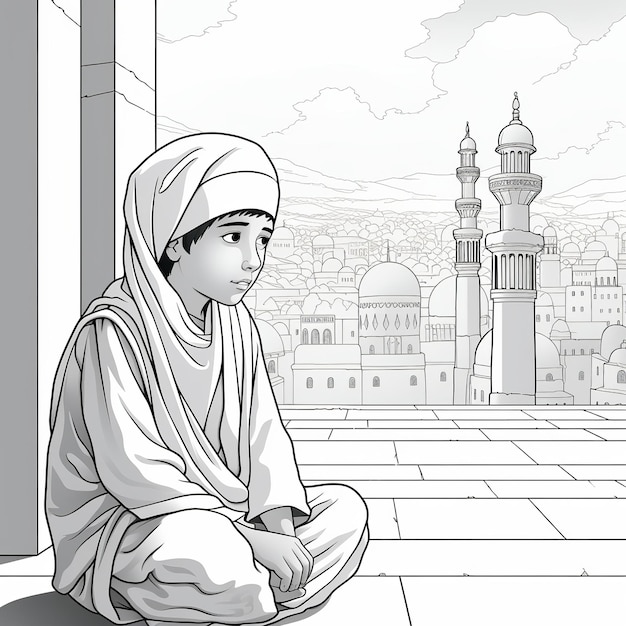 Ilustración de una hoja de trabajo para colorear en blanco de limosnas en el diseño plano del Islam