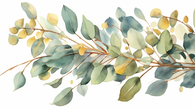 Ilustración de hojas de eucalipto verde y dorado acuarela IA generativa
