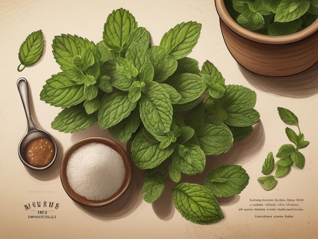 una ilustración de hojas de menta de fondo para una etiqueta con ingredientes y nombre de salsa