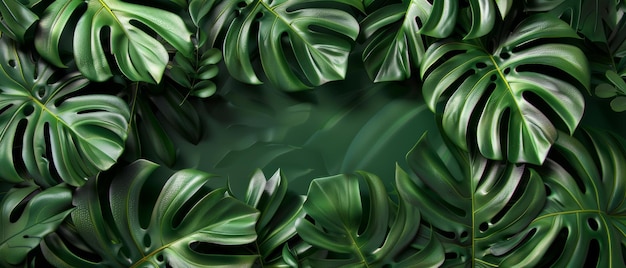 Una ilustración de hojas de monstera tropical sobre un fondo verde Concepto de la belleza de la naturaleza