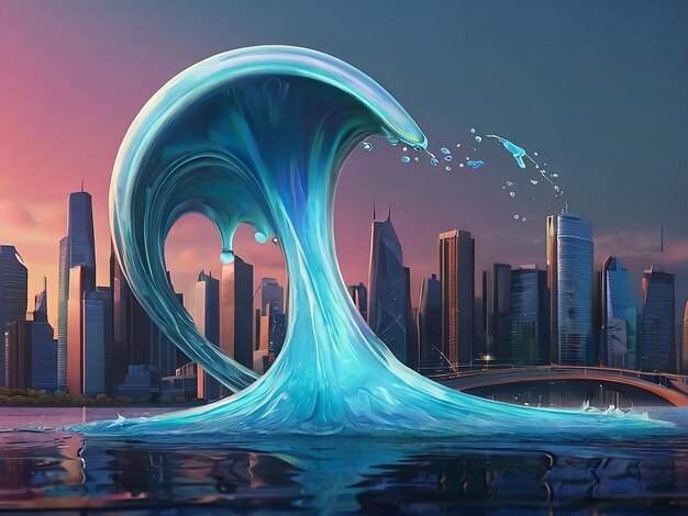 Una ilustración holográfica de líquido fluido que se transforma en una ola que se estrella contra el horizonte de una ciudad futurista