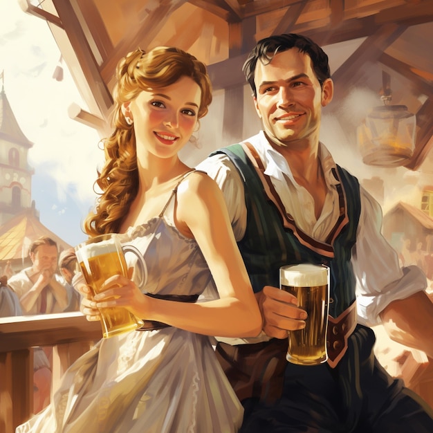 Ilustración de un hombre alemán bebiendo cerveza y una niña bebiendo cerveza con ropa típica alemana