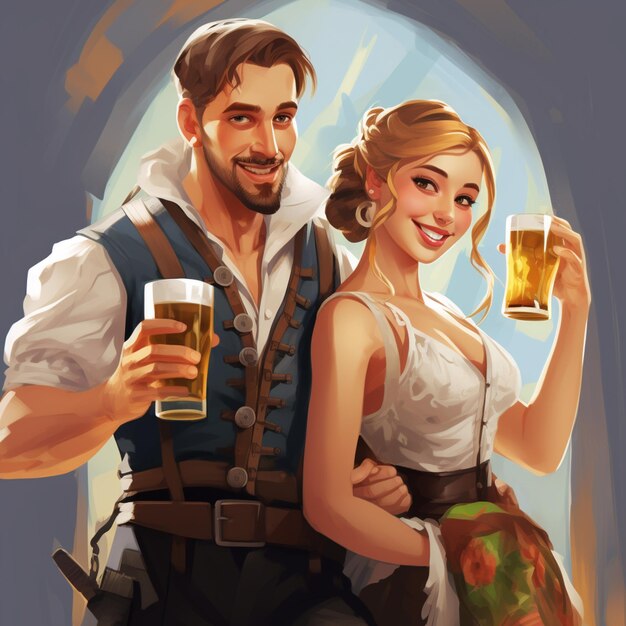 Ilustración de un hombre alemán bebiendo cerveza y una niña bebiendo cerveza con ropa típica alemana