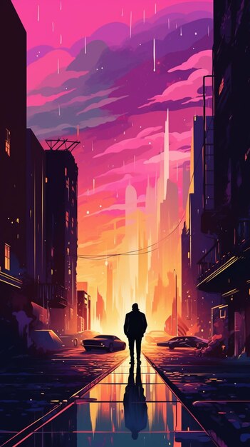 ilustración de un hombre caminando por una calle de la ciudad por la noche generativa ai