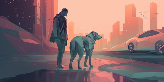 Ilustración Hombre caminando con un perro grande por la calle de la ciudad al atardecer