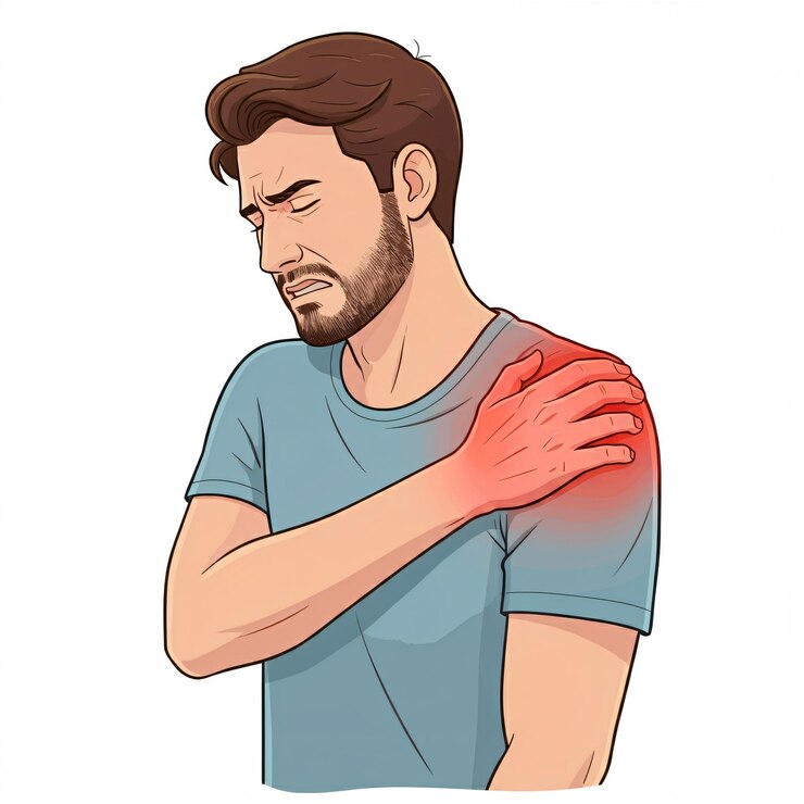 Ilustración de un hombre con una camisa azul sosteniendo su hombro izquierdo resaltado en rojo para indicar dolor