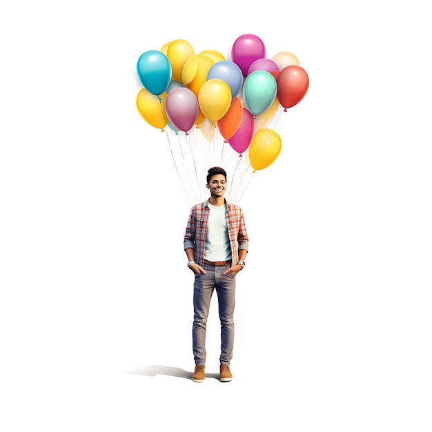 Ilustración de un hombre con globos coloridos volando en el aire fondo simple diseño limpio