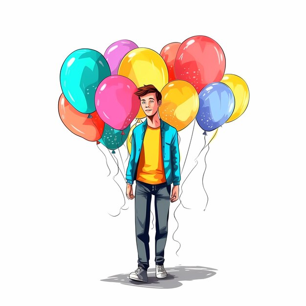 Ilustración de un hombre con globos coloridos volando en el aire fondo simple diseño limpio