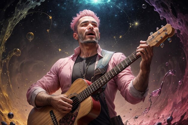 Ilustración de un hombre guapo tocando la guitarra y cantando fondo de pantalla de colores