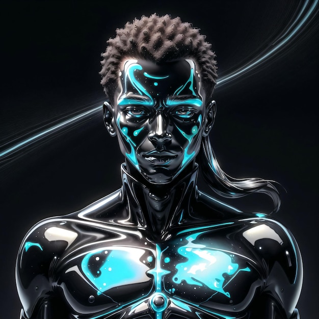 Ilustración de un hombre de látex negro con luces azules