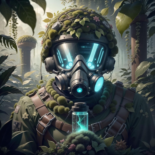 ilustración de un hombre con máscara de gas en la jungla