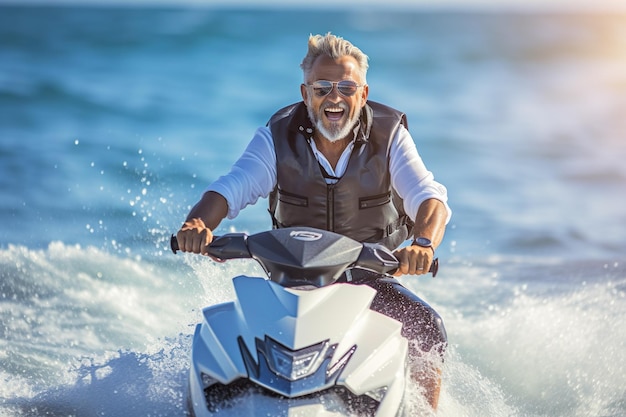 Foto ilustración de un hombre mayor maduro en un jet ski