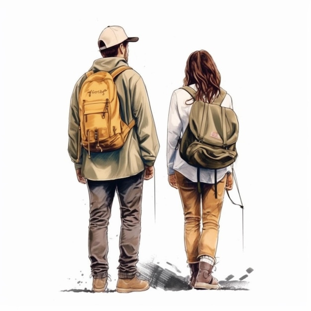 Ilustración de un hombre y una mujer caminando con mochilas generativas ai