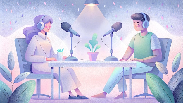 Ilustración de un hombre y una mujer grabando podcasts usando equipos de audio y micrófonos profesionales