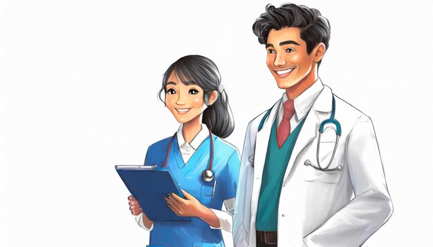 Ilustración de un hombre y una mujer médicos en fondo blanco Copiar espacio para el texto