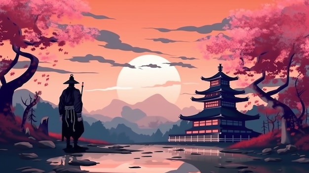 Ilustración de un hombre y una mujer parados frente a una pagoda generativa ai