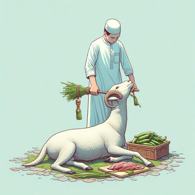 Ilustración de un hombre musulmán alimentando a una cabra en Eid al Adha