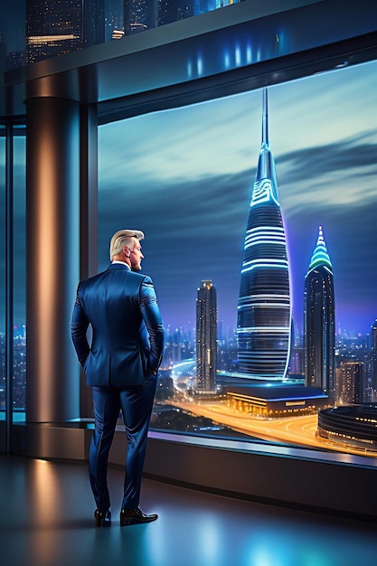 Ilustración de un hombre de negocios contemplando el paisaje desde un rascacielos
