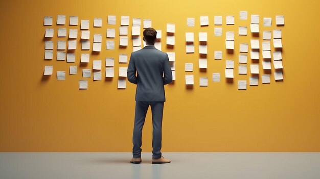 Ilustración de un hombre de negocios rodeado de coloridas notas adhesivas en una pared con un recordatorio de ideas para el éxito