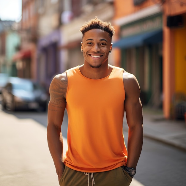 Foto ilustración de un hombre negro con pelo corto feliz viste un tanque naranja