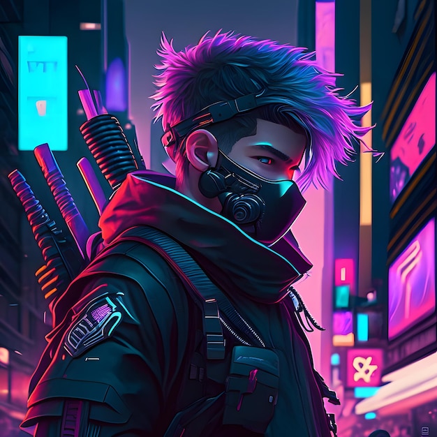 ilustración de hombre ninja cyberpunk