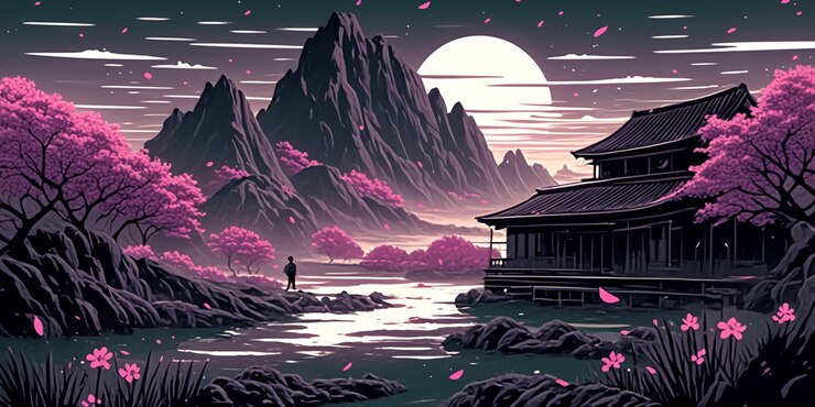 ilustración de un hombre de pie en un acantilado con vistas a un río generativo ai