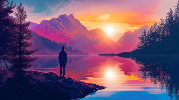 Ilustración de un hombre de pie en el lado de las montañas y el lago al atardecer