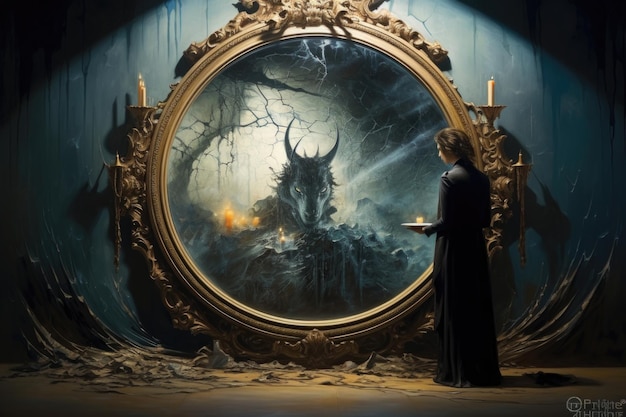 Ilustración de un hombre que se mira en un gran espejo y ve un monstruo en lugar de un reflejo el concepto de ser honesto consigo mismo