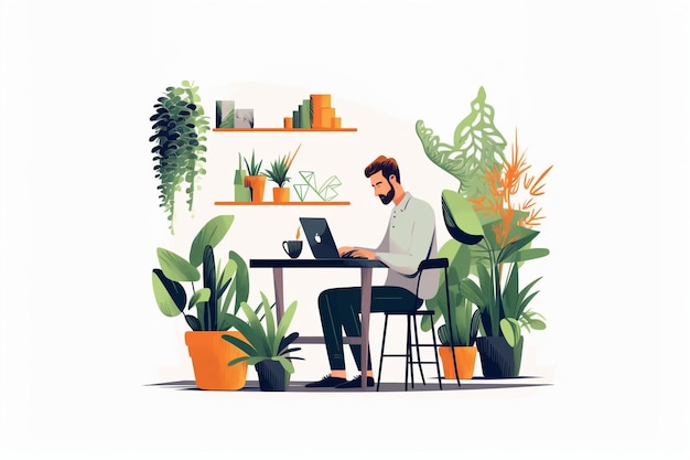 Una ilustración de un hombre que trabaja en una computadora portátil frente a un estante de plantas.