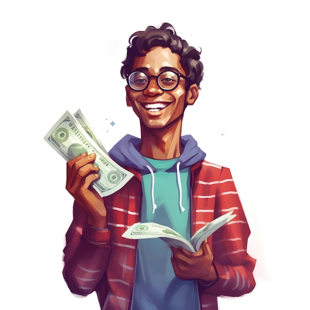 Ilustración hombre sonriendo y sosteniendo un montón de dinero en su mano