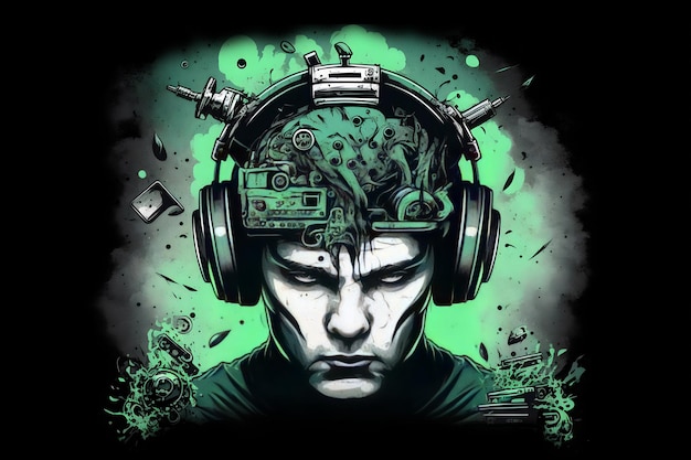 Una ilustración de un hombre con sus auriculares y otras cosas completas en su cabeza como un concepto de mentalidad de juego de jugador