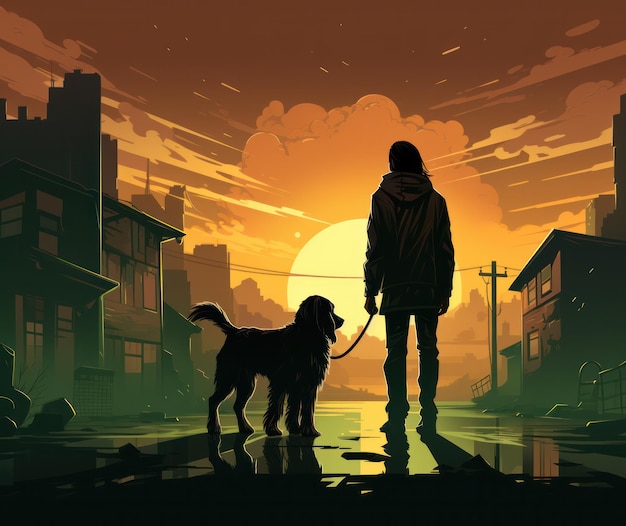 Ilustración de un hombre y sus mejores amigos perros en un viaje de otoño